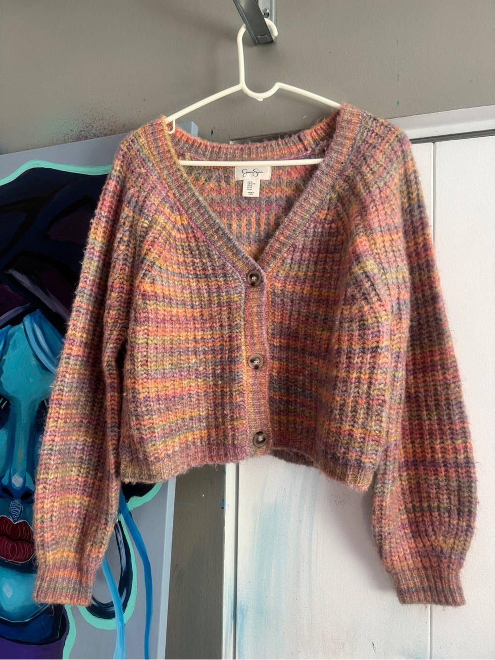 Space Dye Cropped Cardigan Sweater Pastel Knit V-Neck XL
